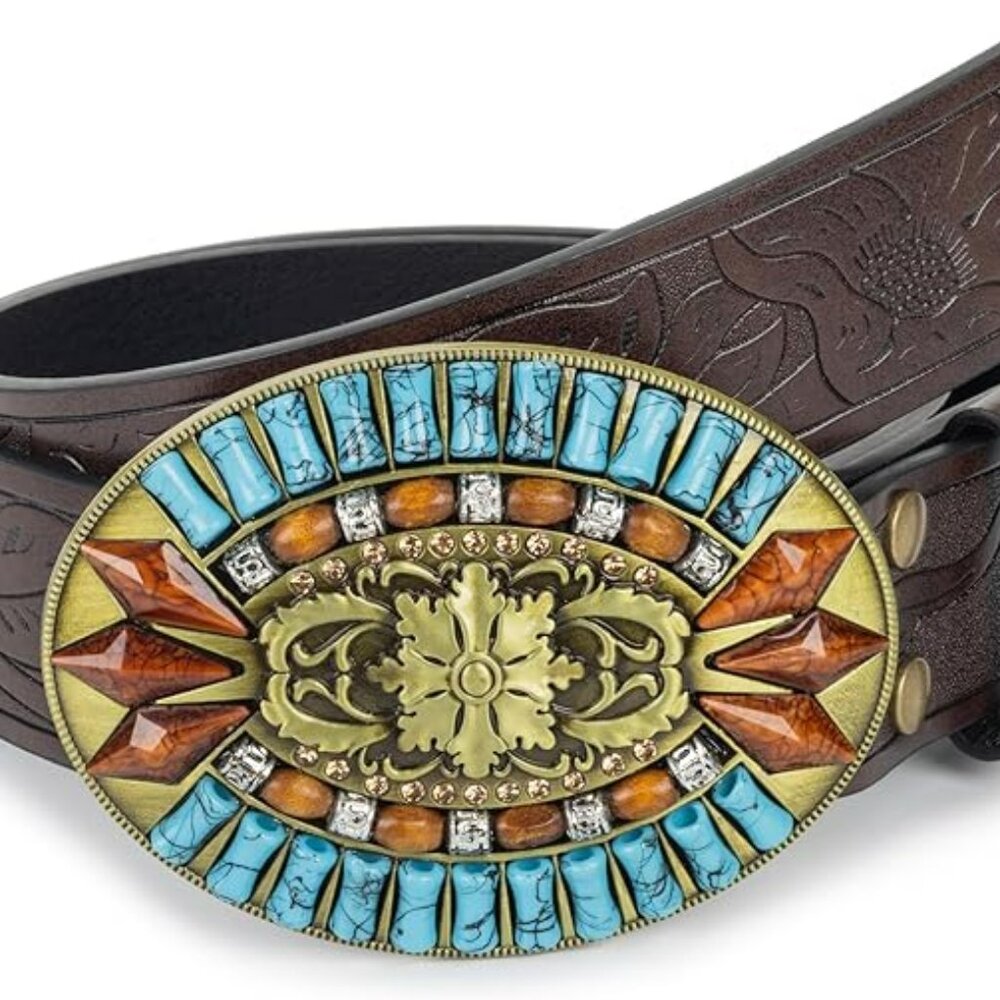 Turquoise‎ Cowboy Belt for Women Men Oval Buckle Cowgirl Belt Colorful
